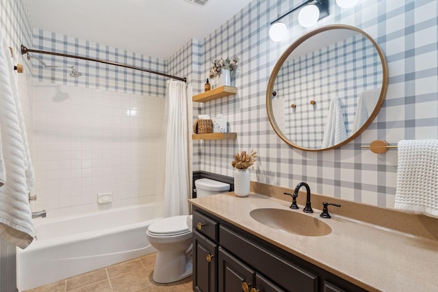4084 Wild Goose Ln, White Bear Twp, MN 55110 - bathroom with tile patterned flooring, shower / bathtub combination with curtain, vanity, toilet, and wallpapered walls
