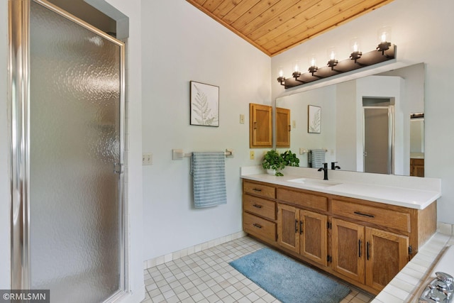 12762 Foliage Ave, Apple Valley, MN 55124 - bathroom with wood ceiling, a stall shower, vanity, lofted ceiling, and tile patterned floors