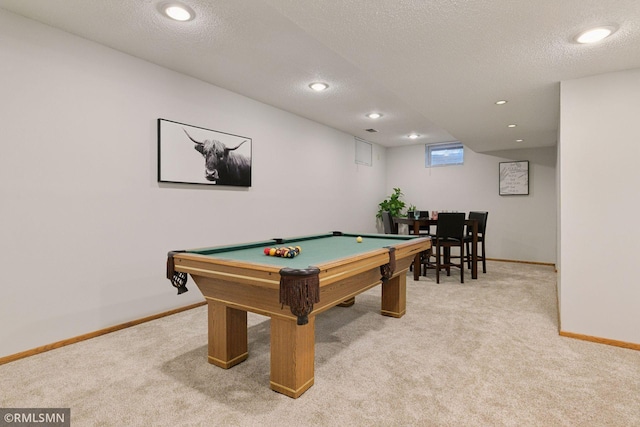 12762 Foliage Ave, Apple Valley, MN 55124 - playroom featuring carpet flooring, baseboards, billiards, a textured ceiling, and recessed lighting
