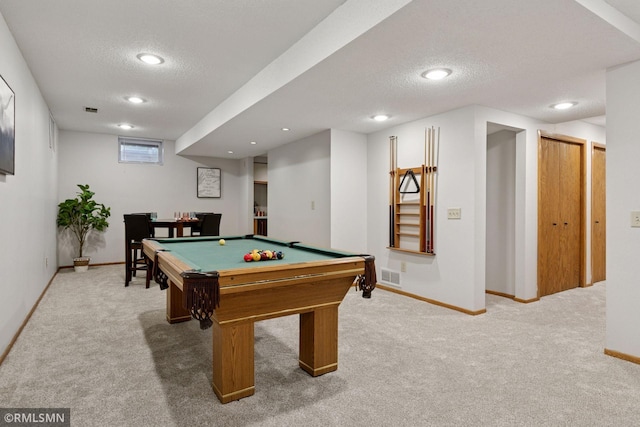 12762 Foliage Ave, Apple Valley, MN 55124 - rec room featuring carpet, a textured ceiling, recessed lighting, baseboards, and billiards table