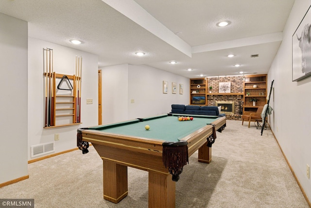 12762 Foliage Ave, Apple Valley, MN 55124 - playroom featuring light colored carpet, billiards table, recessed lighting, a fireplace, and baseboards