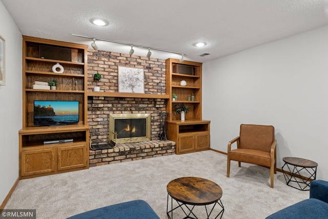 12762 Foliage Ave, Apple Valley, MN 55124 - living area with a textured ceiling, track lighting, carpet, a fireplace, and baseboards