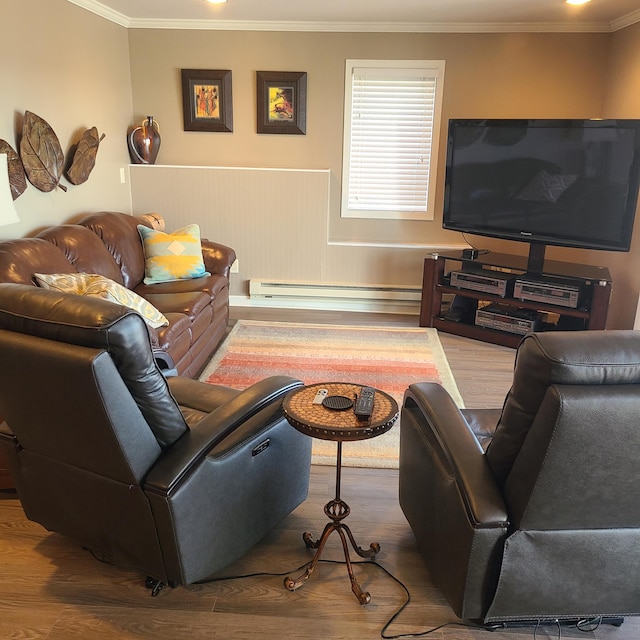 14473 Barnes Dr, Lake View Twp, MN 56501 - living room with wood finished floors, ornamental molding, and a baseboard radiator