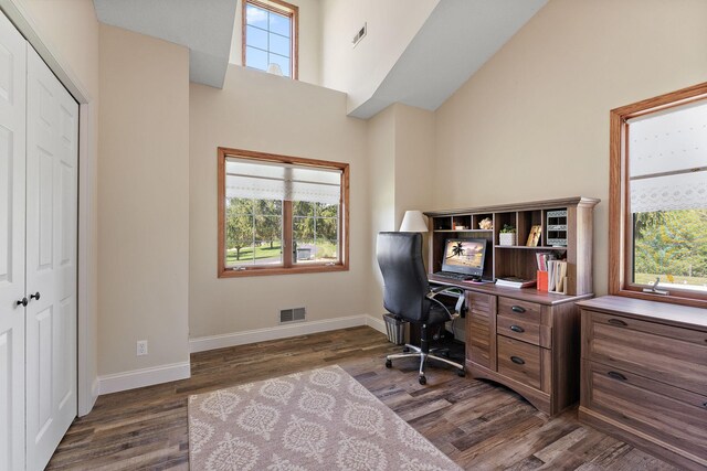 W10415 521st Ave, Prescott, WI 54021 - office area with dark wood-style floors, plenty of natural light, baseboards, and a high ceiling