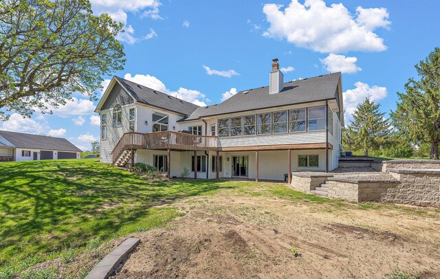 W10415 521st Ave, Prescott, WI 54021 - rear view of property with a deck, a sunroom, a lawn, stairs, and a chimney