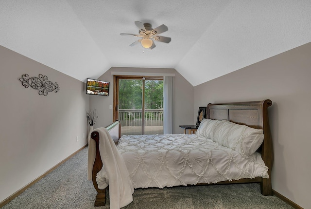 carpeted bedroom with access to exterior, lofted ceiling, baseboards, a ceiling fan, and a textured ceiling