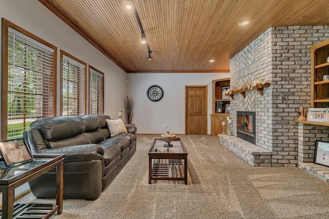 living room featuring a brick fireplace, wooden ceiling, carpet, crown molding, and recessed lighting