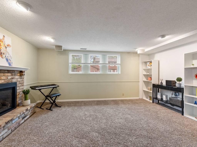 110116 Arboretum Way, Chaska, MN 55318 - carpeted living room featuring a brick fireplace, a textured ceiling, and baseboards