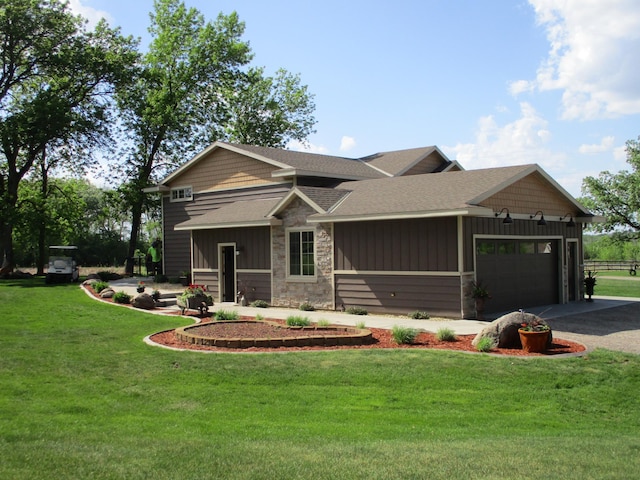 8300 263rd St, Saint Cloud, MN 56301 - view of front of home with board and batten siding, an attached garage, stone siding, and driveway