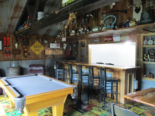 8300 263rd St, Saint Cloud, MN 56301 - playroom with wooden walls, lofted ceiling, and pool table