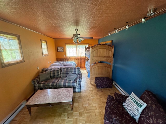 8300 263rd St, Saint Cloud, MN 56301 - bedroom featuring a baseboard heating unit, baseboards, ceiling fan, and ornamental molding