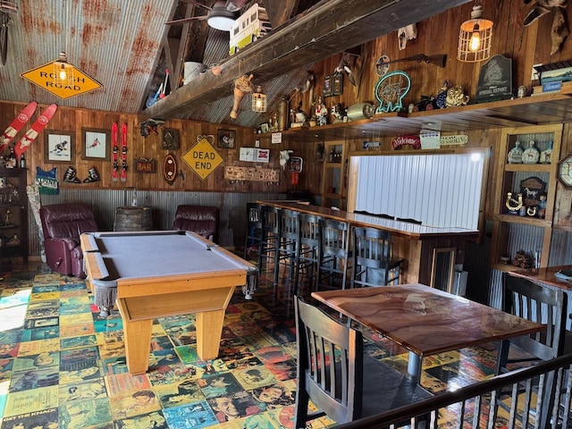 8300 263rd St, Saint Cloud, MN 56301 - game room featuring wood walls, vaulted ceiling, pool table, tile patterned floors, and a ceiling fan