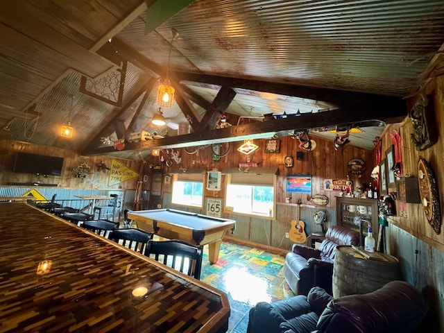 8300 263rd St, Saint Cloud, MN 56301 - recreation room with wood walls, lofted ceiling, and billiards