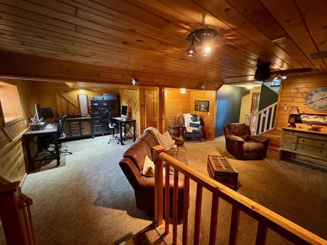 8300 263rd St, Saint Cloud, MN 56301 - carpeted living area featuring an office area, wooden walls, wood ceiling, and stairway
