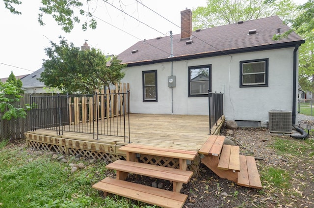 1459 Maywood St, Saint Paul, MN 55117 - back of house featuring stucco siding, a deck, a shingled roof, and fence