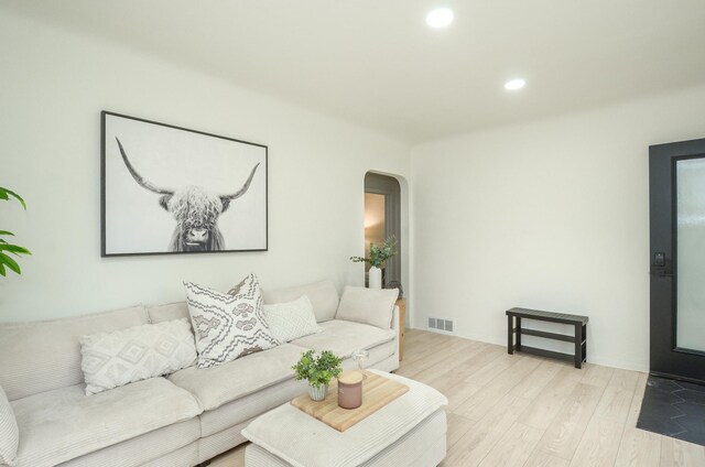 1459 Maywood St, Saint Paul, MN 55117 - living room featuring arched walkways, light wood-style flooring, and recessed lighting