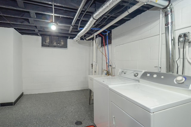1459 Maywood St, Saint Paul, MN 55117 - clothes washing area featuring washing machine and dryer and concrete block wall