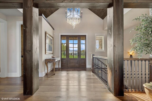 23380 127th St, Glenwood, MN 56334 - entrance foyer featuring a chandelier, hardwood / wood-style flooring, baseboards, high vaulted ceiling, and beamed ceiling