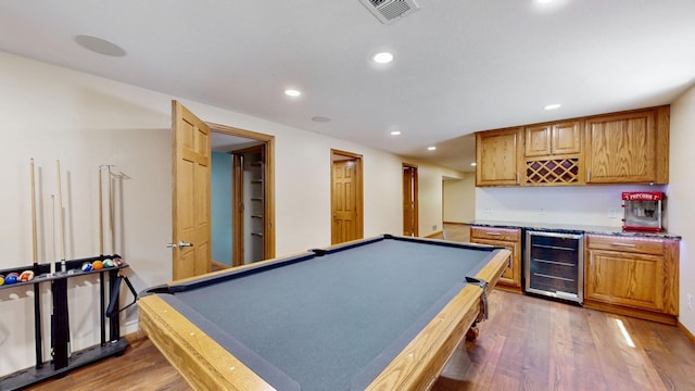 13073 Eldorado St NE, Blaine, MN 55449 - playroom with wine cooler, bar area, recessed lighting, dark wood-type flooring, and billiards table