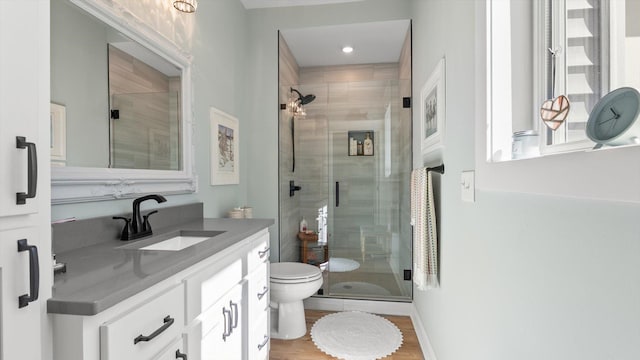 2356 Laport Dr, Mounds View, MN 55112 - full bath featuring a shower stall, toilet, vanity, and wood finished floors