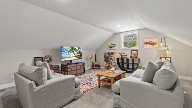 2356 Laport Dr, Mounds View, MN 55112 - carpeted living room featuring lofted ceiling, baseboards, and a textured ceiling