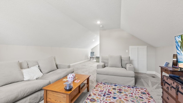 2356 Laport Dr, Mounds View, MN 55112 - living room with carpet, vaulted ceiling, baseboards, and a textured ceiling