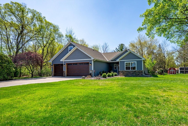 2356 Laport Dr, Mounds View, MN 55112 - craftsman-style house with stone siding, a garage, driveway, and a front yard