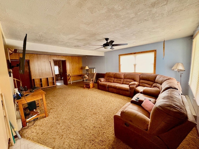 113 6th Ave SE, Baudette, MN 56623 - living room with ceiling fan, wood walls, a textured ceiling, plenty of natural light, and carpet floors