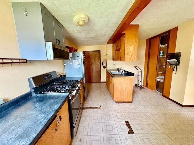 113 6th Ave SE, Baudette, MN 56623 - kitchen with stainless steel appliances, a textured ceiling, a sink, light flooring, and dark countertops