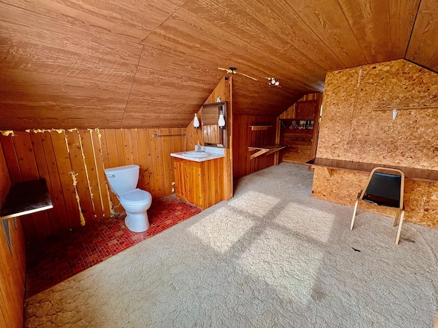 113 6th Ave SE, Baudette, MN 56623 - bathroom featuring lofted ceiling, wood walls, toilet, wooden ceiling, and vanity