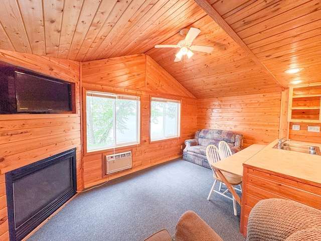 27621 83 Unit 2, Battle Lake, MN 56515 - carpeted living room featuring a sink, wooden ceiling, wooden walls, lofted ceiling, and an AC wall unit
