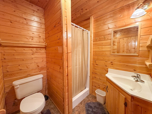 27621 83 Unit 2, Battle Lake, MN 56515 - bathroom with wood walls, a shower stall, toilet, and vanity