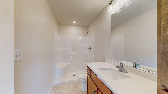 1483 Grand View Ln SE, Mazeppa, MN 55956 - bathroom with a walk in shower, vanity, and tile patterned flooring