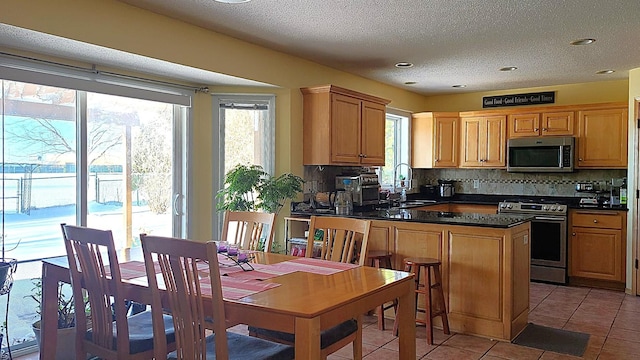 2714 Colleen St NE, Rochester, MN 55906 - kitchen featuring appliances with stainless steel finishes, plenty of natural light, dark countertops, tasteful backsplash, and a textured ceiling