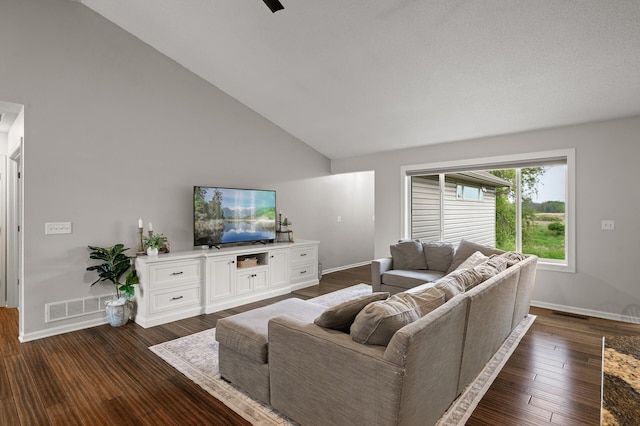 4756 121st Ave NE, Blaine, MN 55449 - living room featuring baseboards, high vaulted ceiling, and dark wood finished floors