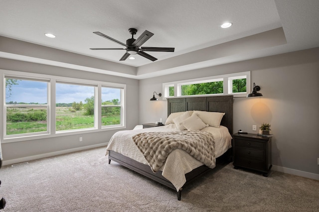 4756 121st Ave NE, Blaine, MN 55449 - carpeted bedroom featuring a raised ceiling, baseboards, recessed lighting, and a ceiling fan