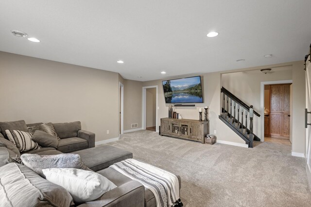 4756 121st Ave NE, Blaine, MN 55449 - carpeted living room with baseboards, recessed lighting, and stairs