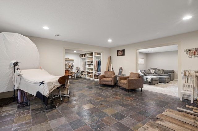 4756 121st Ave NE, Blaine, MN 55449 - bedroom featuring recessed lighting, stone tile floors, and a closet