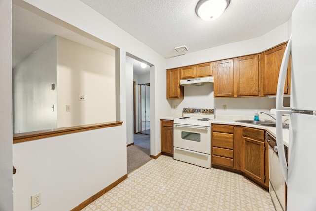 999 41st Ave NE Unit 110Ne, Columbia Heights, MN 55421 - kitchen with white appliances, under cabinet range hood, a sink, brown cabinets, and light countertops