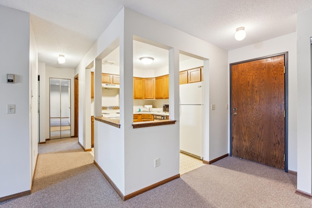 999 41st Ave NE Unit 110Ne, Columbia Heights, MN 55421 - kitchen featuring freestanding refrigerator, light carpet, baseboards, under cabinet range hood, and a textured ceiling