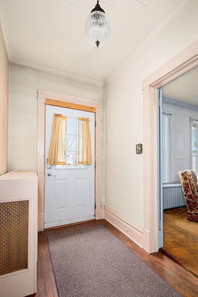 doorway to outside featuring radiator heating unit, hardwood / wood-style flooring, crown molding, and plenty of natural light