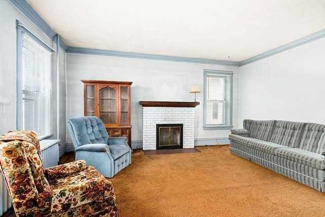 living room featuring carpet flooring, ornamental molding, and a brick fireplace