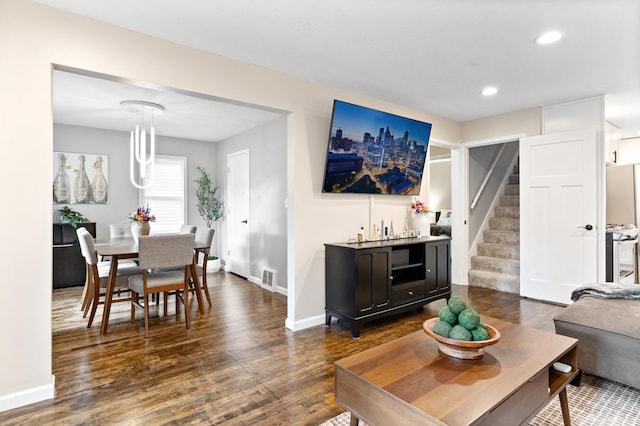 37 Harrison Ave S, Hopkins, MN 55343 - living room featuring dark wood-style floors, stairway, and recessed lighting