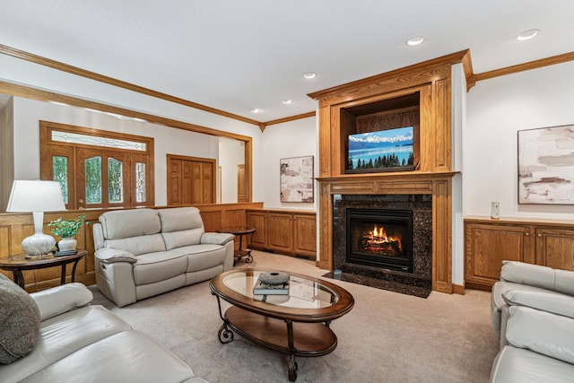 10791 3rd Street Pl N, Lake Elmo, MN 55042 - living area featuring ornamental molding, light colored carpet, a high end fireplace, recessed lighting, and wainscoting