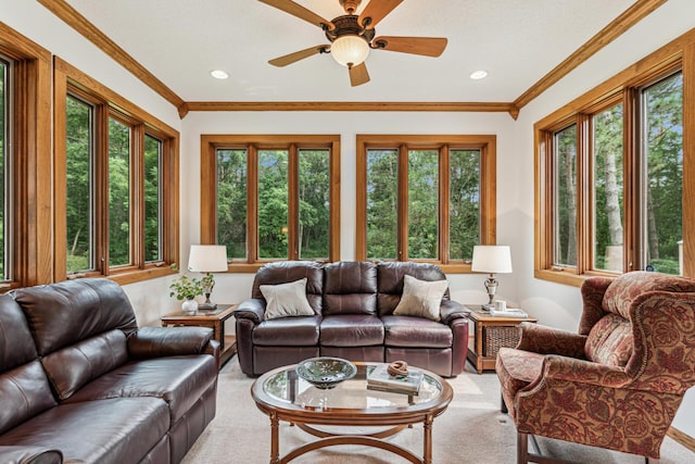 10791 3rd Street Pl N, Lake Elmo, MN 55042 - living room featuring plenty of natural light, a ceiling fan, recessed lighting, crown molding, and light carpet