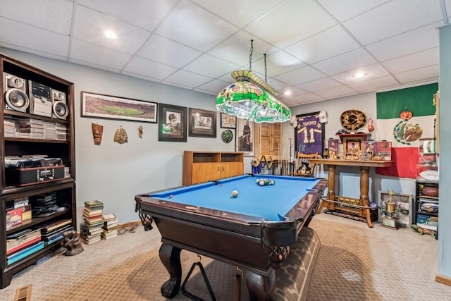 10791 3rd Street Pl N, Lake Elmo, MN 55042 - rec room featuring carpet, billiards, a drop ceiling, recessed lighting, and baseboards