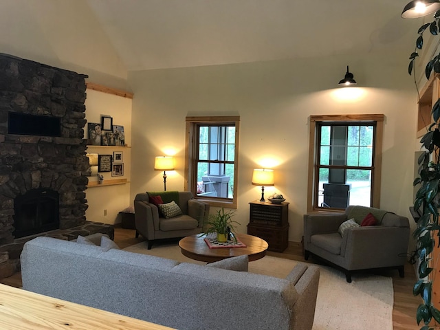 living area featuring a fireplace, wood finished floors, and high vaulted ceiling