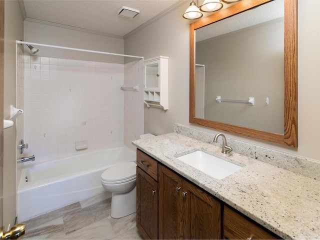 17768 Keystone Ave, Lakeville, MN 55044 - full bath with vanity, toilet, washtub / shower combination, ornamental molding, and a textured ceiling