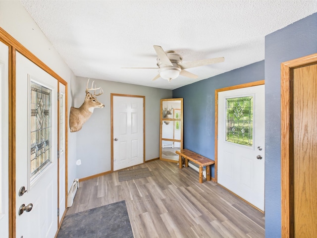 31528 63rd St, Royalton, MN 56373 - entryway featuring a baseboard radiator, light wood-style floors, a textured ceiling, a ceiling fan, and baseboards