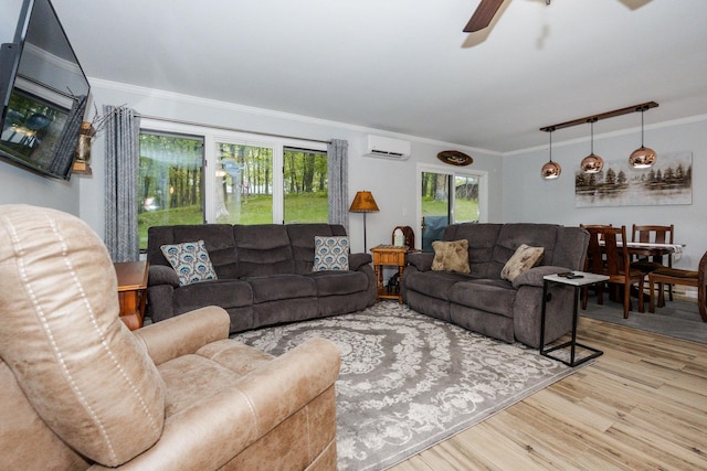 30202 Shady Ln, Detroit Lakes, MN 56501 - living room with a wall mounted air conditioner, wood finished floors, ornamental molding, and a ceiling fan